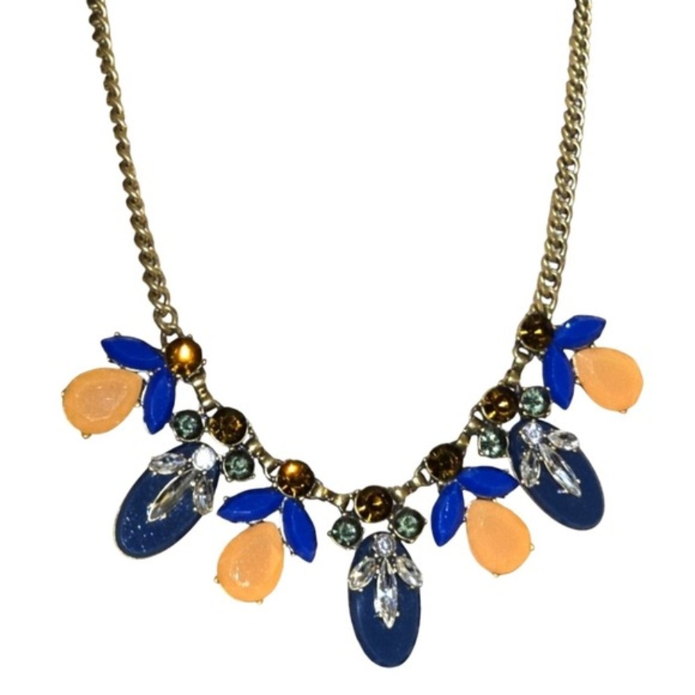 J. Crew Gold Tone Blue Orange Resin Crystal Statement Bib‎ Necklace Adjustable